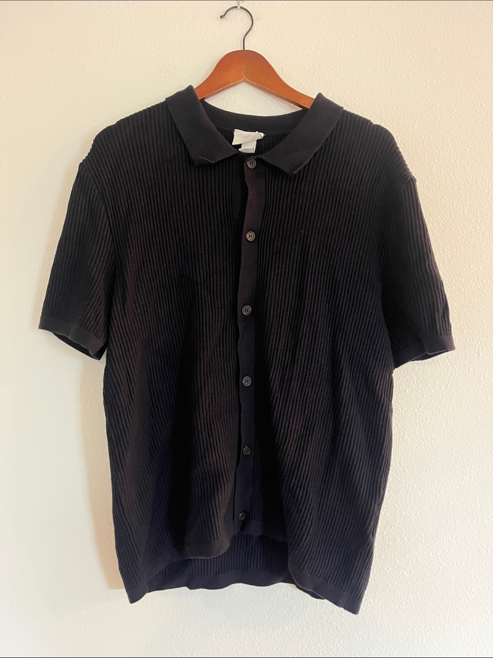 H&M Blue Knit Short-Sleeve Ribbed Button-Up Polo Shirt